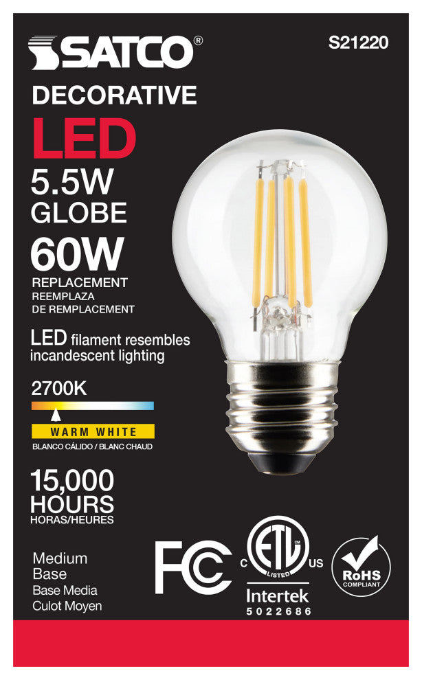 5.5W G16.5 LED, Clear, Medium Base, 90 CRI, 2700K, 120V