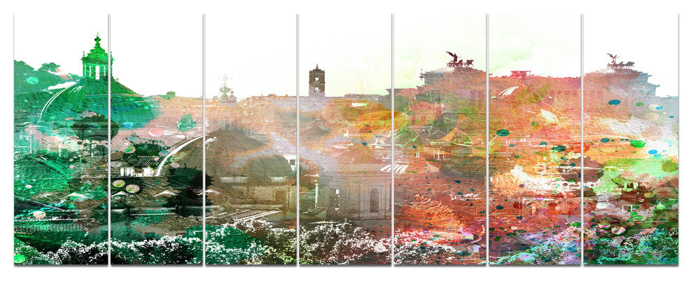 Colorful City Watercolor, Landscape Canvas Art Print, 83"x32", 7 Panels