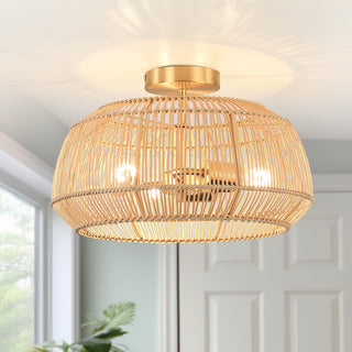 Bohemian Rattan Semi-Flush Mount Ceiling Light, 16'' W-3 Lights