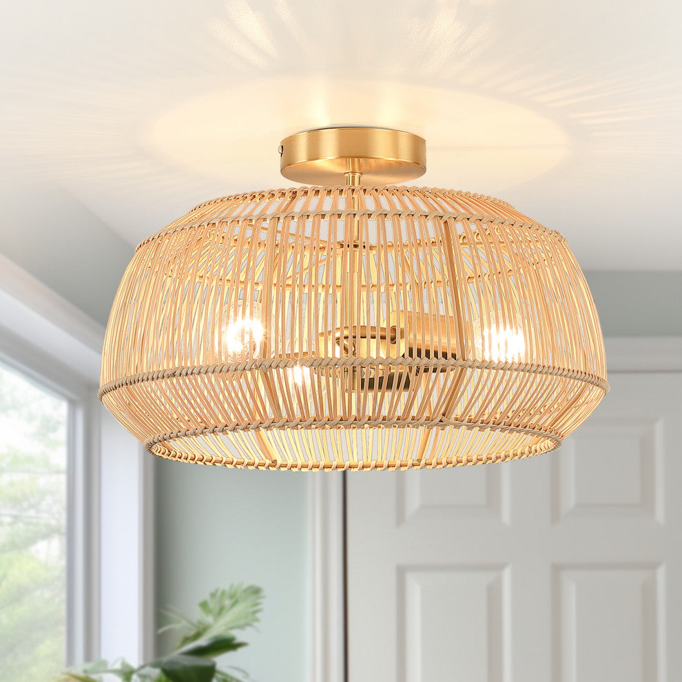 Bohemian Rattan Semi-Flush Mount Ceiling Light, 16'' W-3 Lights