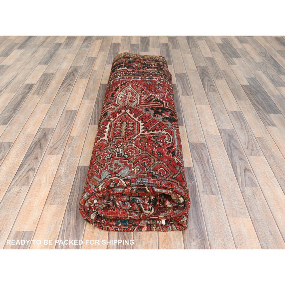Tomato Red Hand KnottedVintage Persian Heriz Worn Down Oriental Rug 9'9"x12'4"