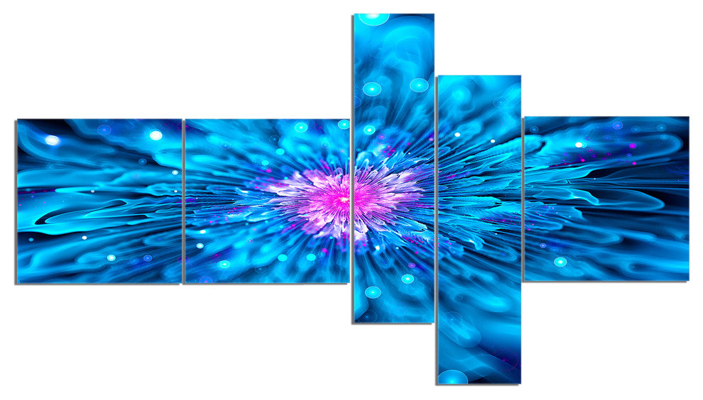 Magical Blue Glowing Flower, Floral Art Canvas Print, 60"x32", 5 panels
