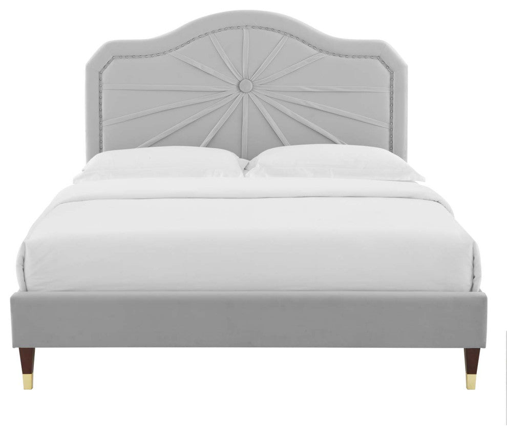 Platform Bed Frame, Full Size, Velvet, Light Gray, Modern Contemporary