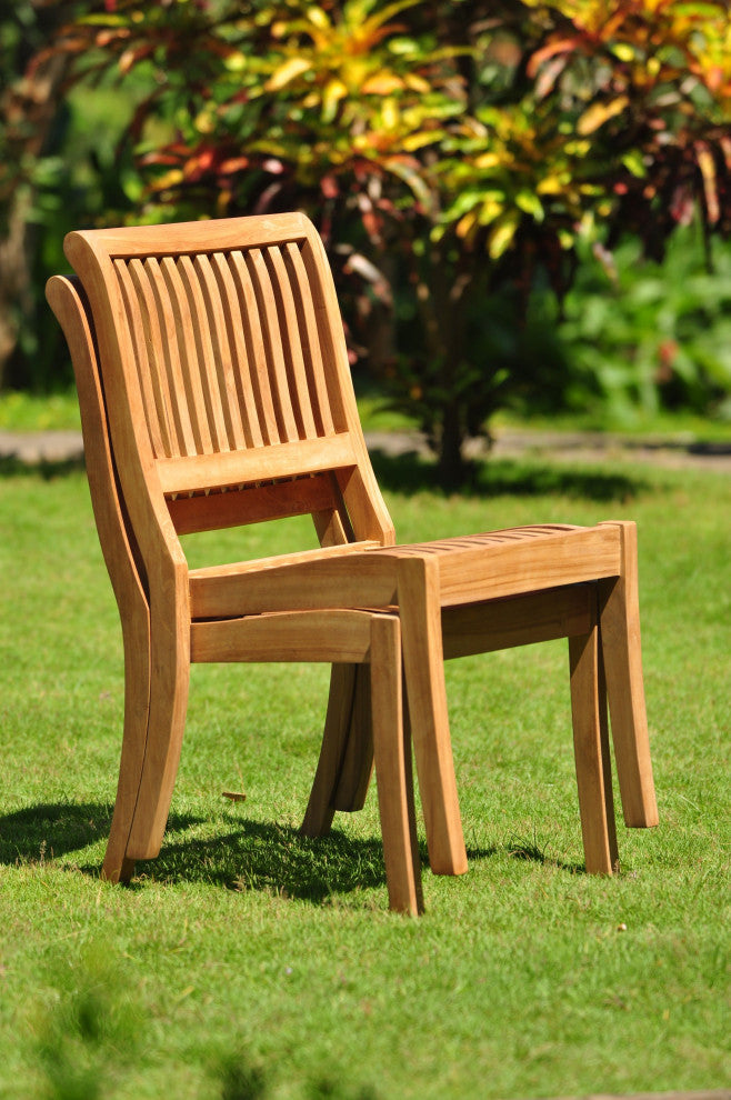 11-Piece Teak Dining Set, 94" Ext Oval Table, 10 Arbor Stacking Armless Chairs