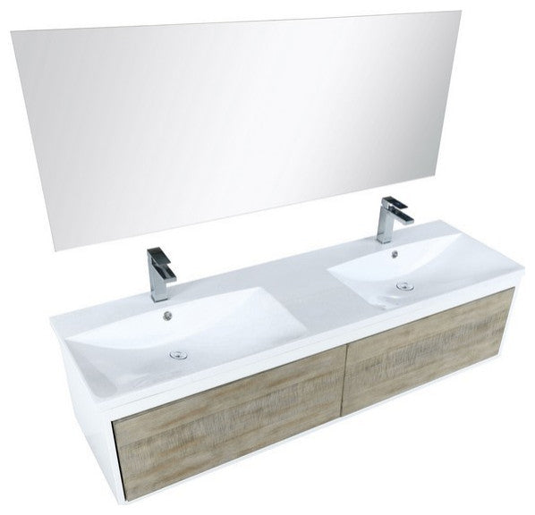Scopi Modern 60" Rustic Acacia Double Bathroom Vanity Set, Labaro Rose Gold Fauc