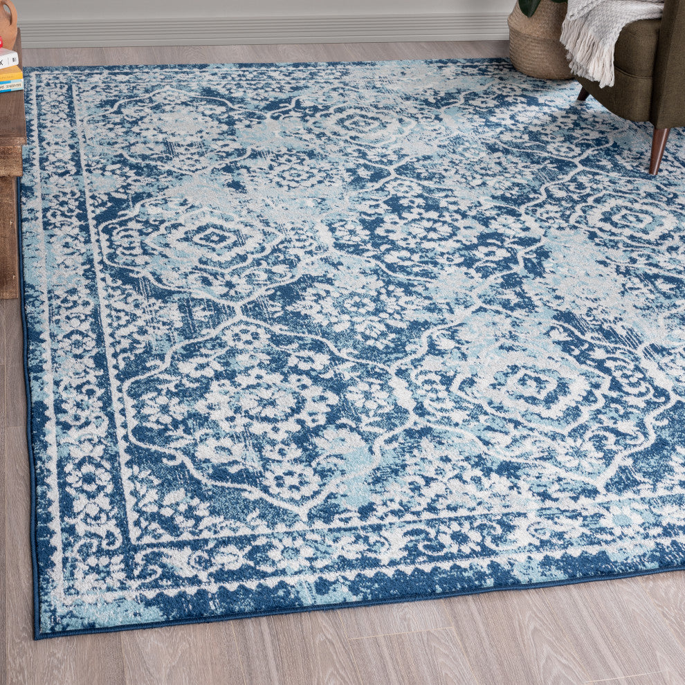 Tiera Transitional Damask Blue & Cream Rectangle Area Rug, 8'x10'