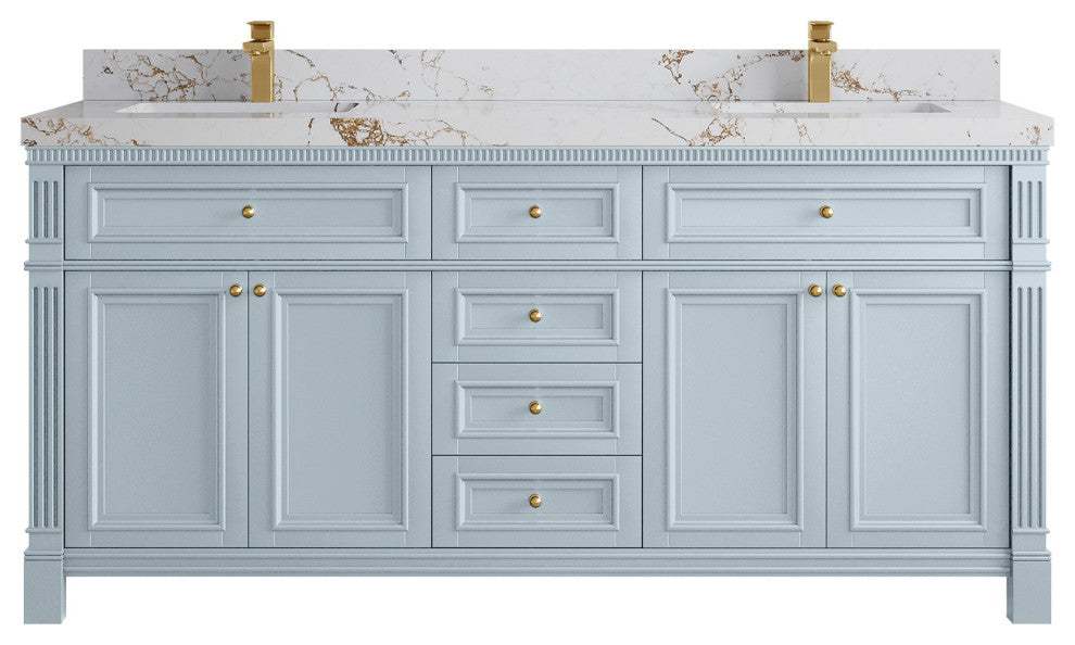 Paris 72" Double Sink Bathroom Vanity, Blue Heather 2" Viola Gold