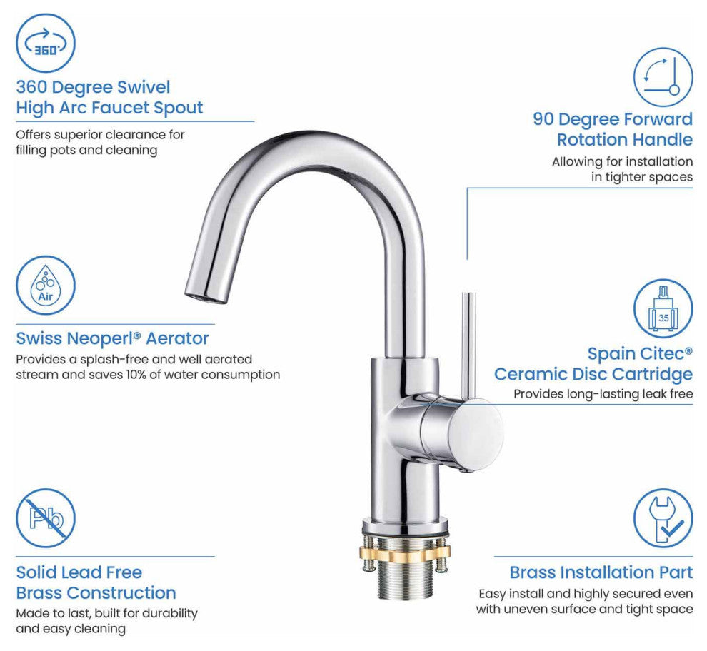 Circular Single Handle High-arc Bathroom Sink Faucet With Drain, Chrome