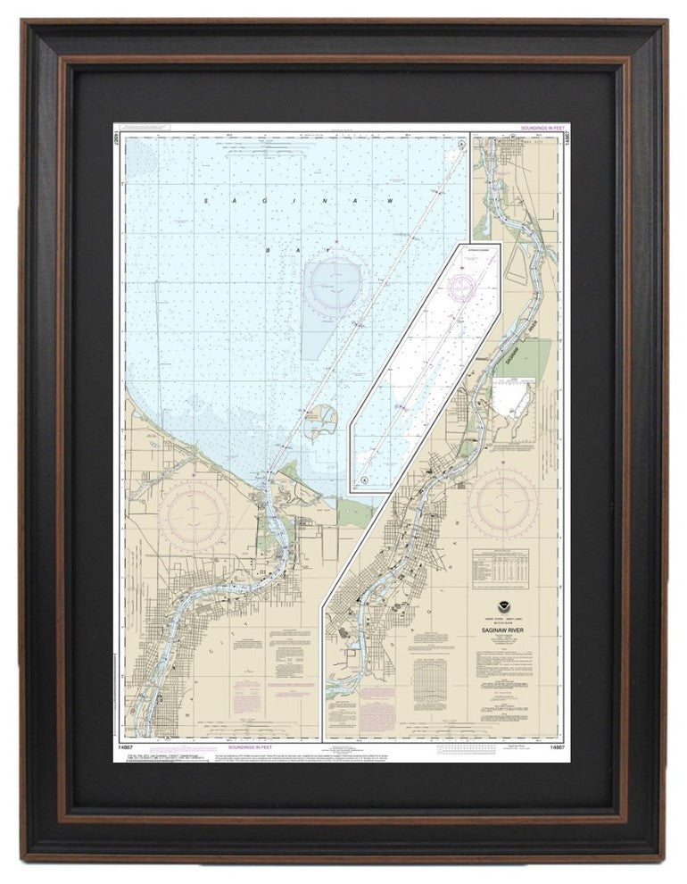 Framed Nautical Chart, Michigan's Saginaw River, 17x24