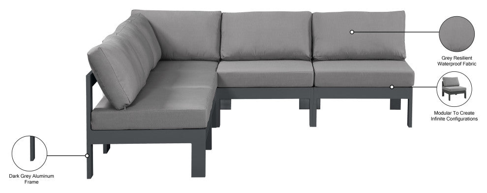 Nizuc Water Resistant Patio L-Shaped Modular Sectional, Gray, 5-Piece: 4 Armless Chair, 1 Corner Chair, Dark Gray Aluminum Frame