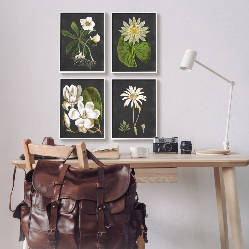 Vintage White Florals over Distressed Grey Lotus Daisies,4pc, each 11 x 14
