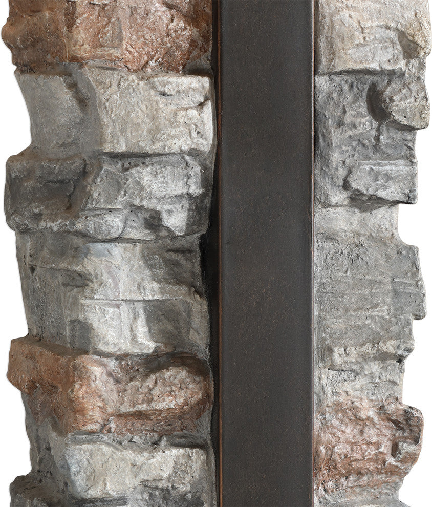 Rustic Indoor Outdoor Stacked Stone Table Lamp Concrete Iron Lodge Organic Shape