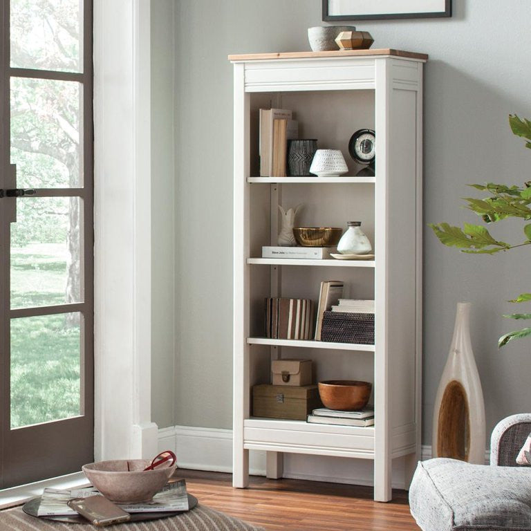 Tall Bookcase, Modern Cottage Styling With Natural Top & 4 Ivory Open Shelves