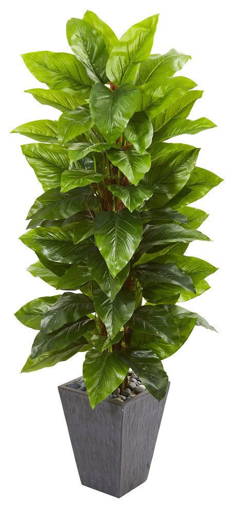 5 Large Leaf Philodendron Artificial Plant in Slate Planter (Real Touch)