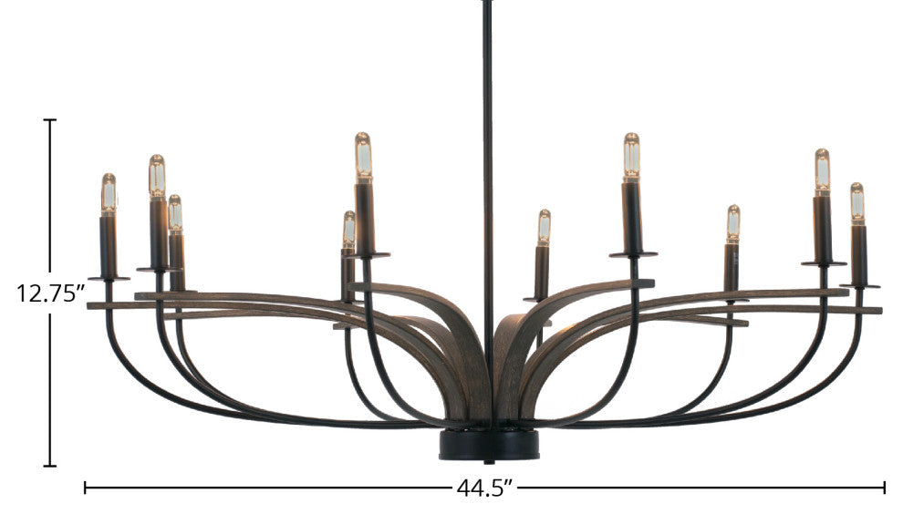 Monterey Uplight 10-Light Chandelier, Matte Black & Painted Distressed Wood-look