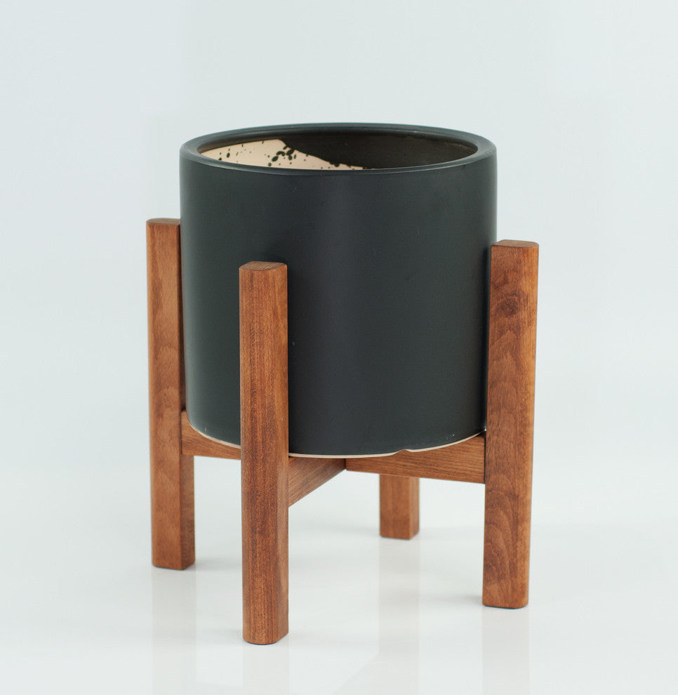 Large Ceramic Planter Cylinder Pot 10'' Black With Plant Stand Walnut Color
