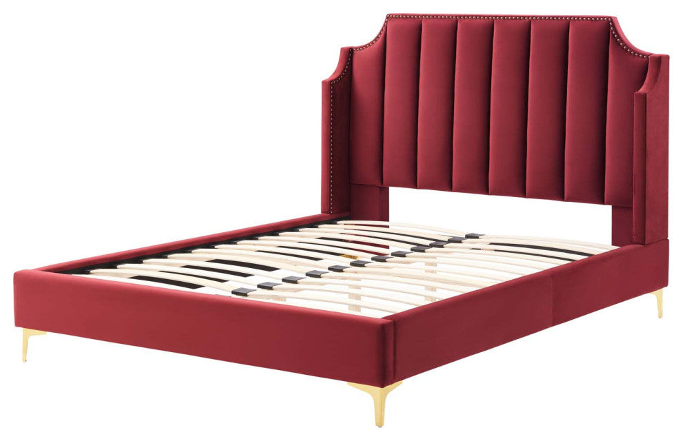 Platform Bed Frame, Queen Size, Velvet, Red, Modern Contemporary, Bedroom Master