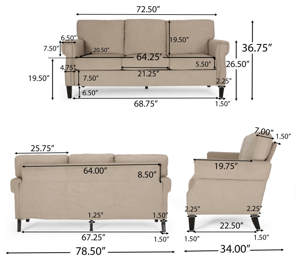 Dobles Contemporary Fabric 3-Seater Sofa, Nailhead Trim, Sand/Dark Brown