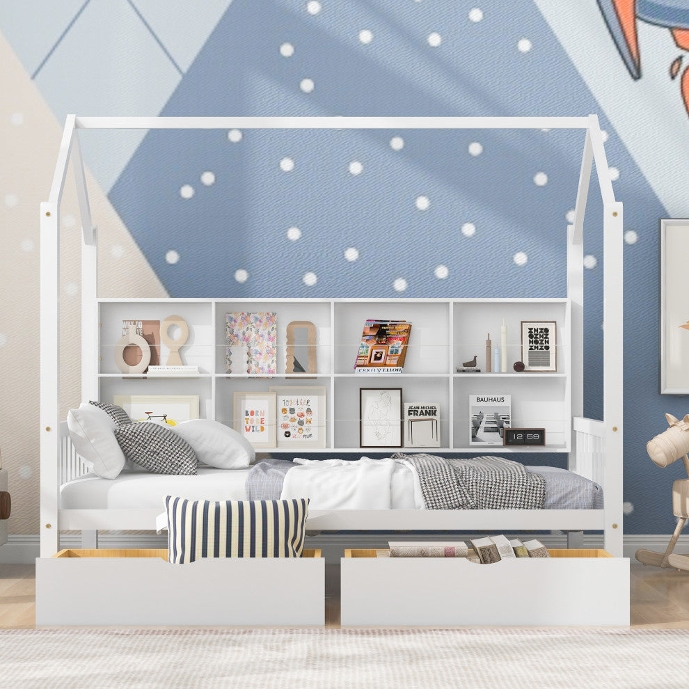 Gewnee Wood Twin Size House Bed with Drawers for Kids in White
