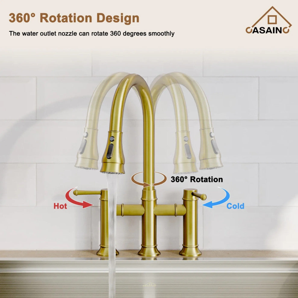 CASAINC Kitchen Faucet Centerset Bridge 3-Function 2-Handle Pull-Down Spray, Brushed Gold