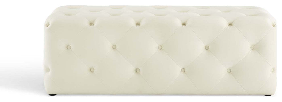 Tufted Accent Chair Bench, Velvet, Ivory White, Modern, Lounge Hospitality