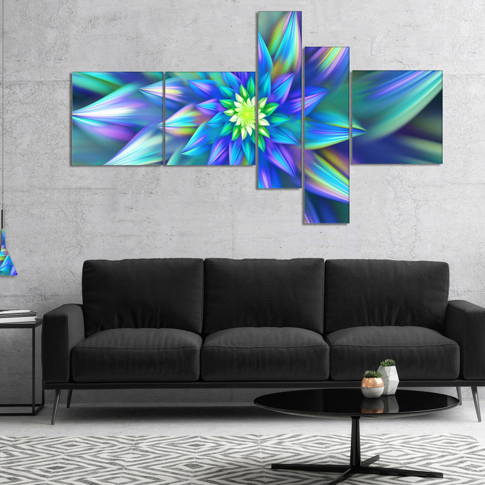 Huge Light Blue Fractal Flower, Floral Canvas Art Print, 60"x32", 5 panels