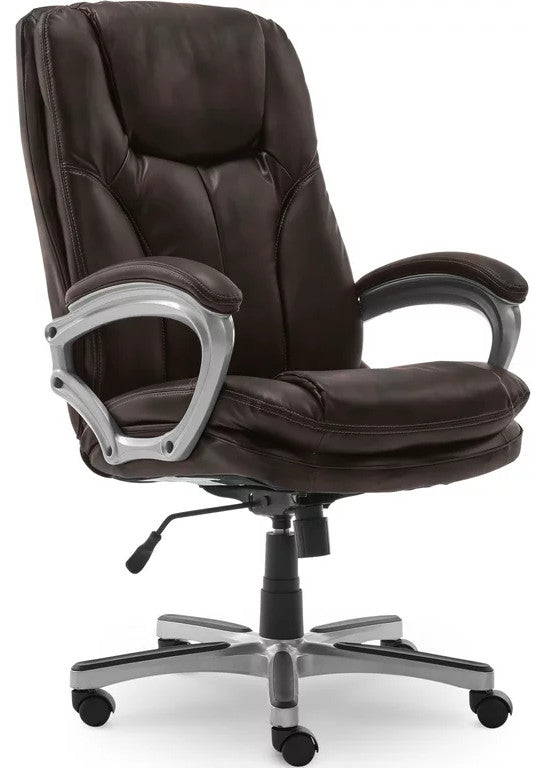 Modern Office Chair, Swivel Design With Faux Leather Seat & Padded Arms, Brown
