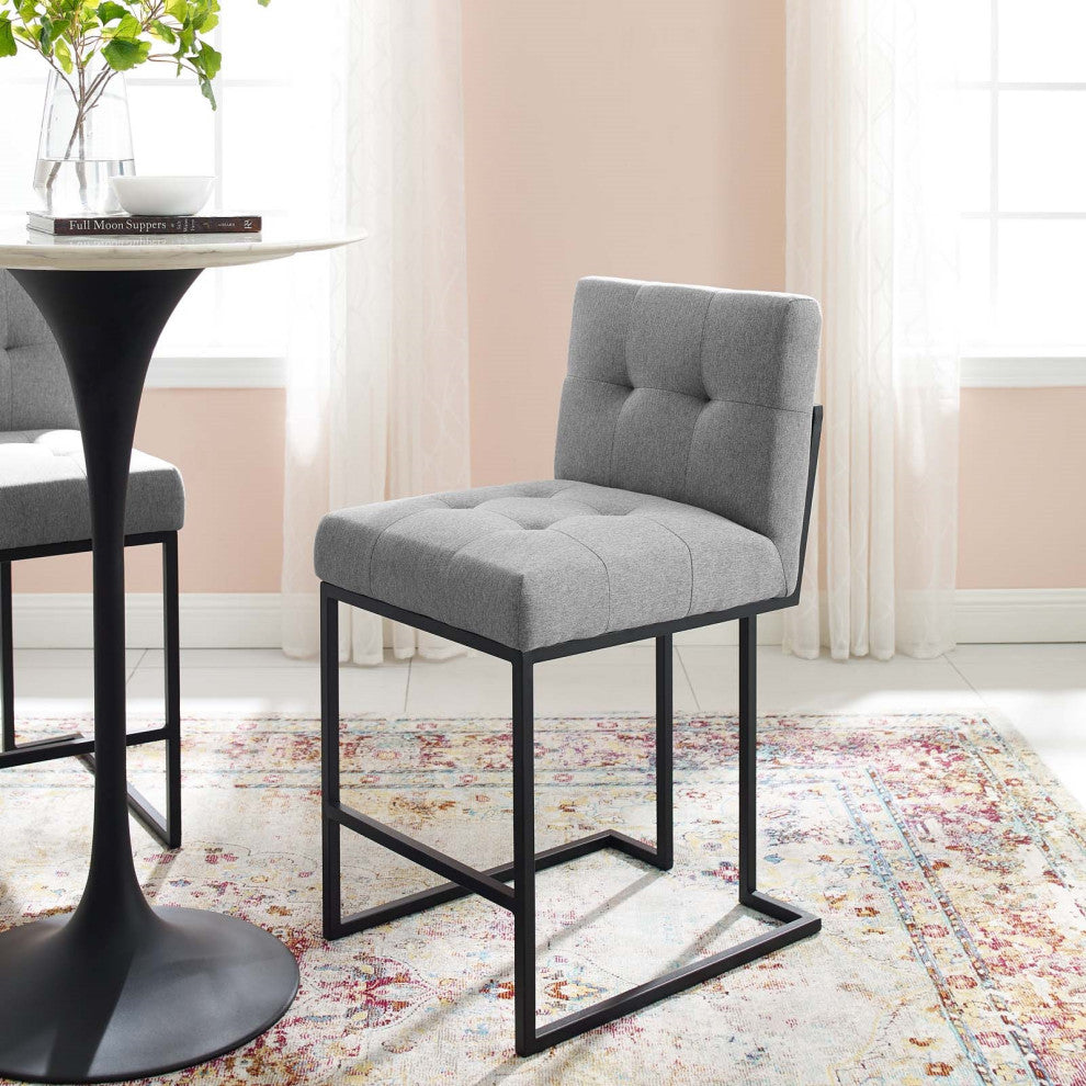 Grey Fabric Counter Stool, Industrial Modern Black Steel Tufted Counter Stool