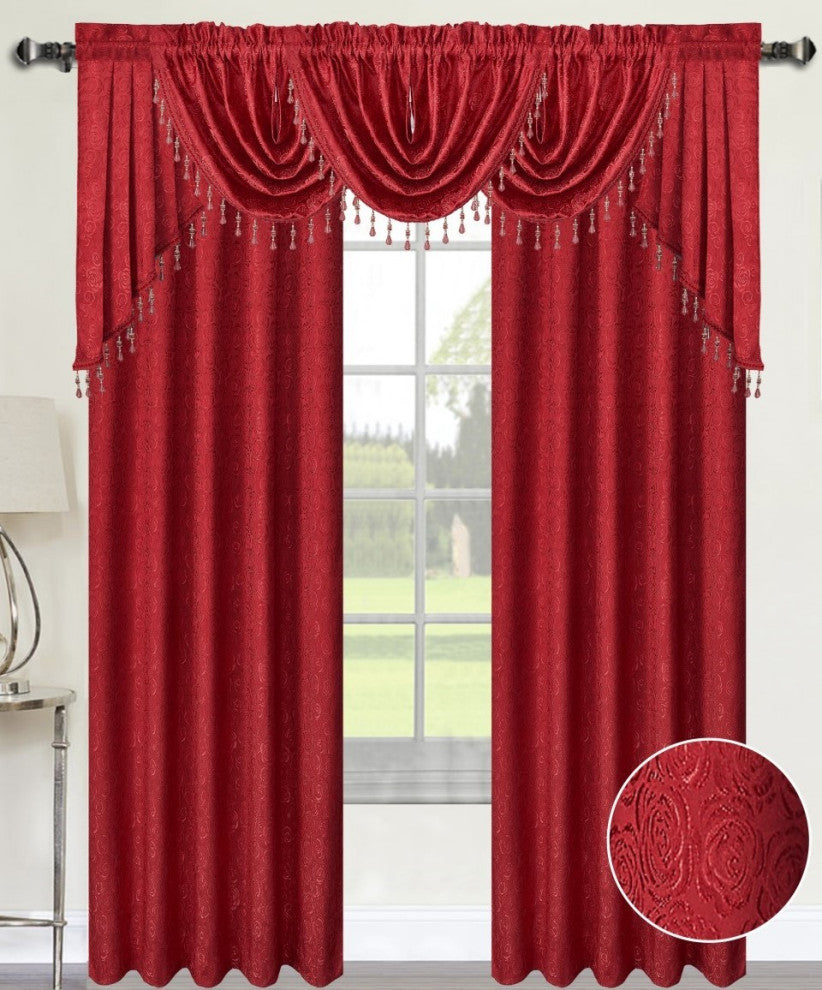 Angelina Damask 7 Piece Curtain, Beaded Austrian Valances and Swag Set, Red