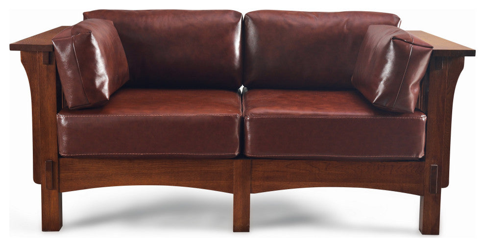 Mission Solid Quarter Sawn Oak and Leather Love Seat, Brown Leather