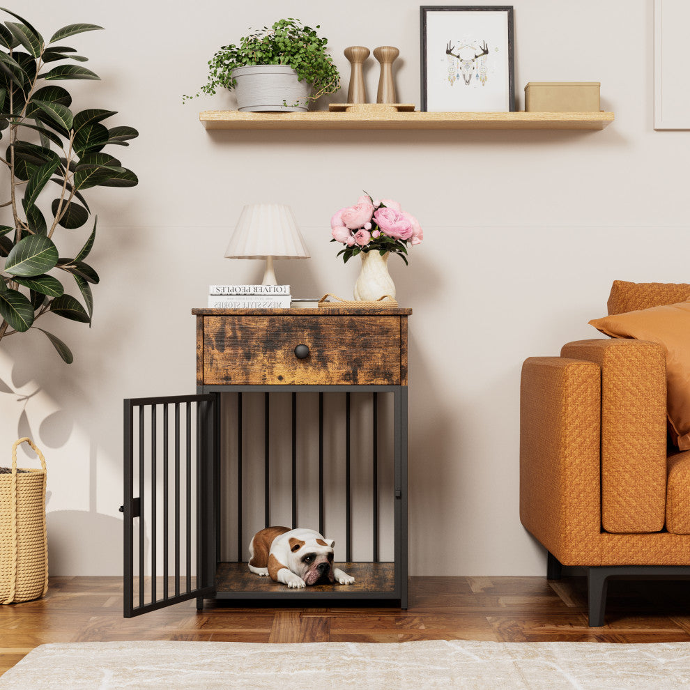 TATEUS Decorative Dog Crate with Drawer & End Table for Small Dogs, Brown