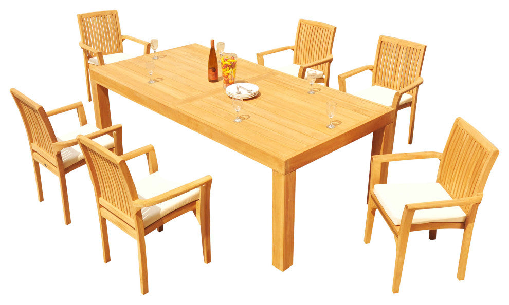 7-Piece Outdoor Teak Dining Set: 86" Rectangle Table, 6 Lua Stacking Arm Chairs