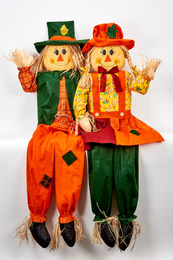 60" Life Size Sitting Scarecrow Boy And Girl Couple, Set of 2