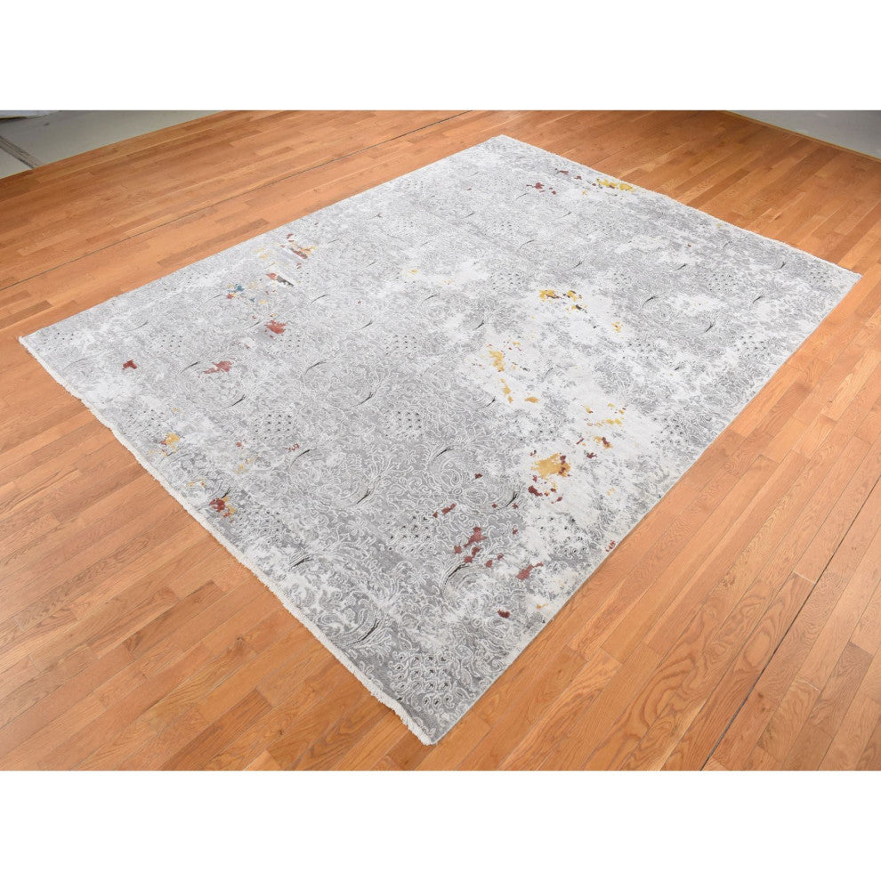Gray, Hand Knotted, Modern Broken Design Wool and Silk Rug, 8'9"x11'10"