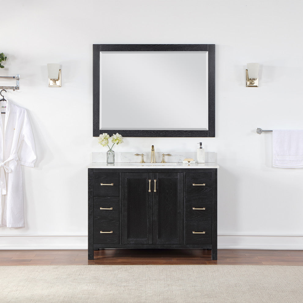 Ivy Rectangular Bathroom Wood Framed Wall Mirror, Black Oak, 48"