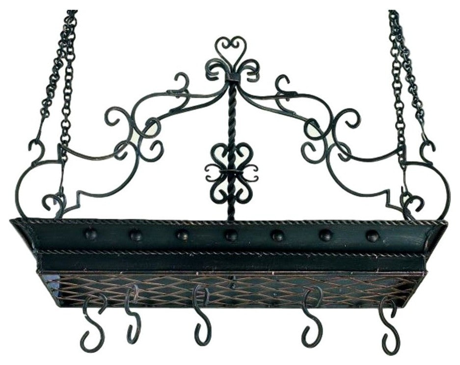 Large Wrought Iron Post Scroll Pot Rack, Hanging Pan Ceiling Gothic