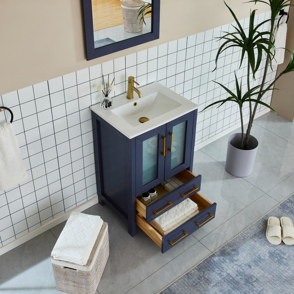 Vanity Art Vanity Set With Ceramic Top, 24", Blue, Standard Mirror