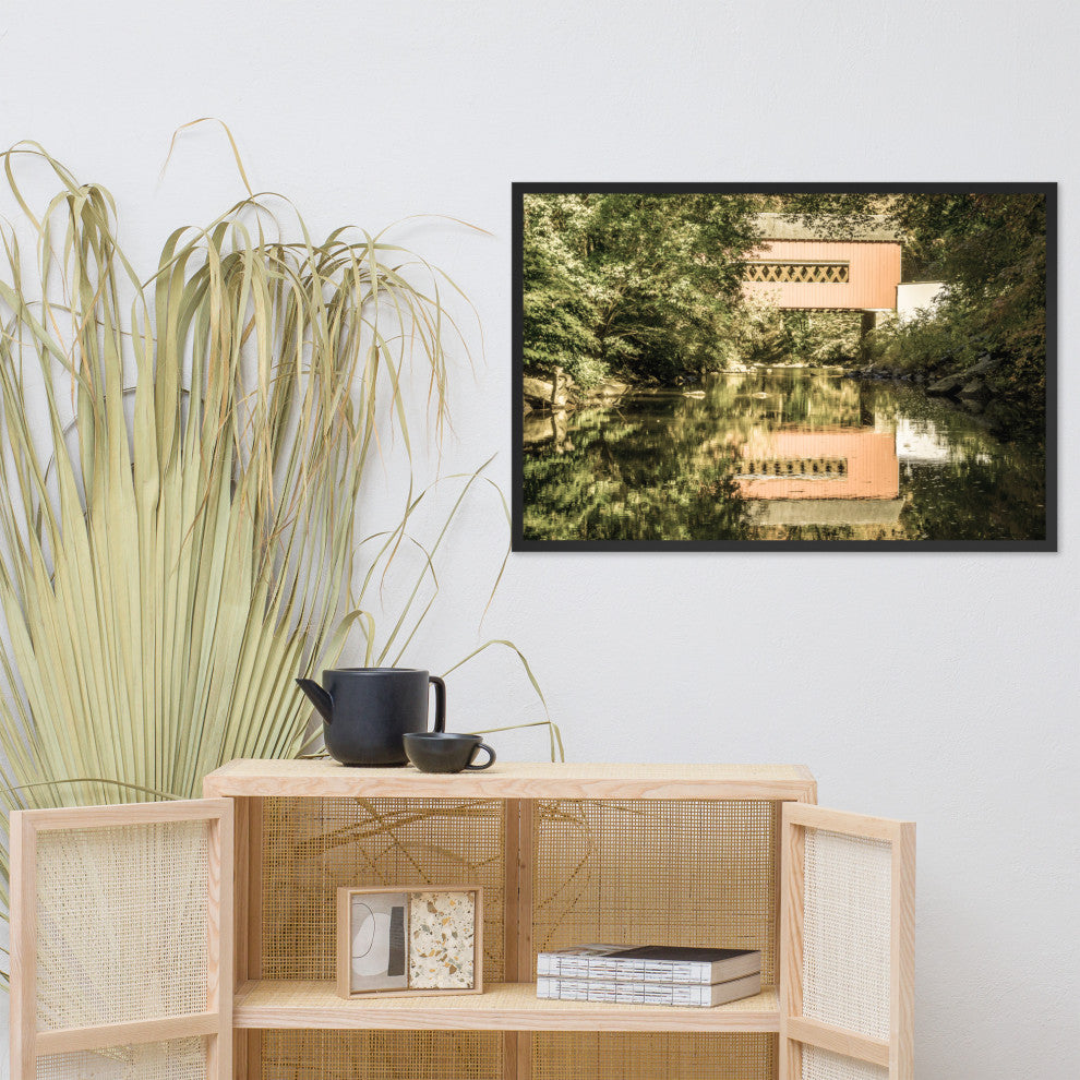 The Reflections of Wooddale Covered Bridge Aged Framed Photo Wall Art Print, Black, 24" X 36"