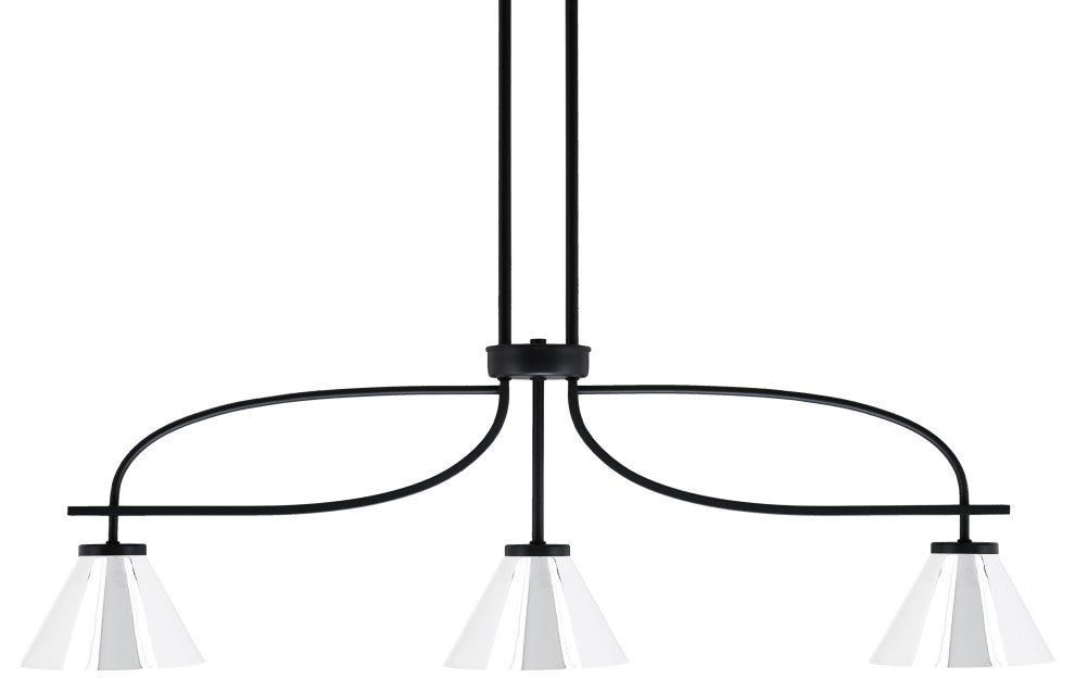 Cavella 3 Light Island Light, Matte Black Finish, 7" Chrome Cone Metal Shades