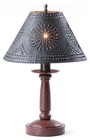 Handcrafted Wood Butchers Table Lamp With Punched Tin Shade, Red