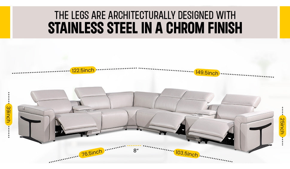 Giovanni 8-Piece 3-Power Reclining Italian Leather Sectional, Light Gray