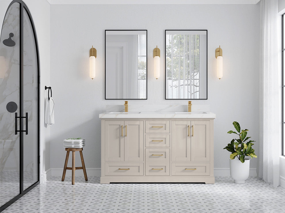 Boston 60" Double Bathroom Vanity in Fine Grain 2" Calacatta Sienna