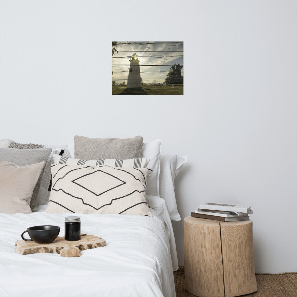 Faux Rustic Reclaimed Wood Turkey Point Lighthouse Unframed Wall Art Prints, 18" X 24"