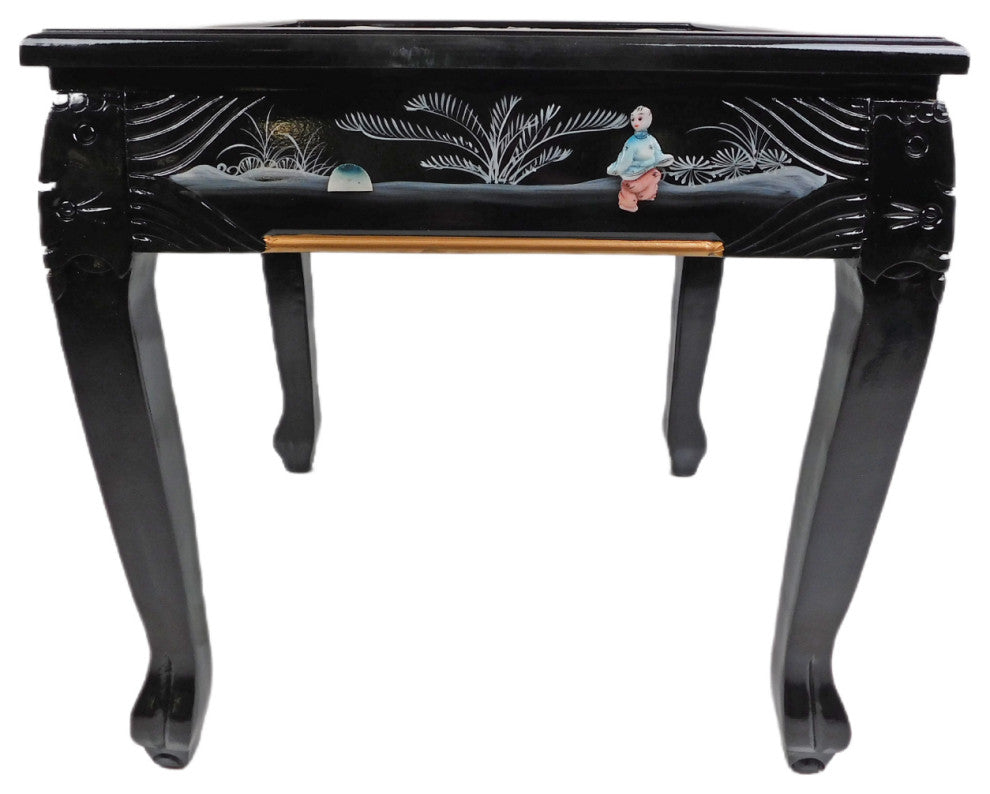 Dragon Leg Oriental End Table Inlaid Pearl, Black Lacquer