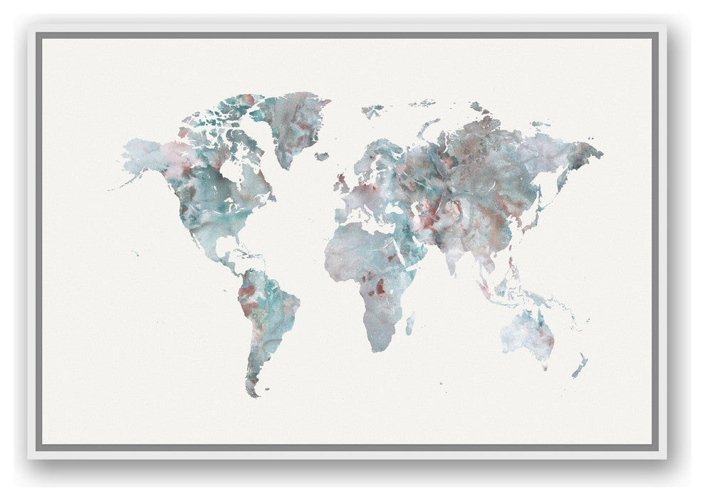 Greige World Map 24x36 White Floating Framed Canvas