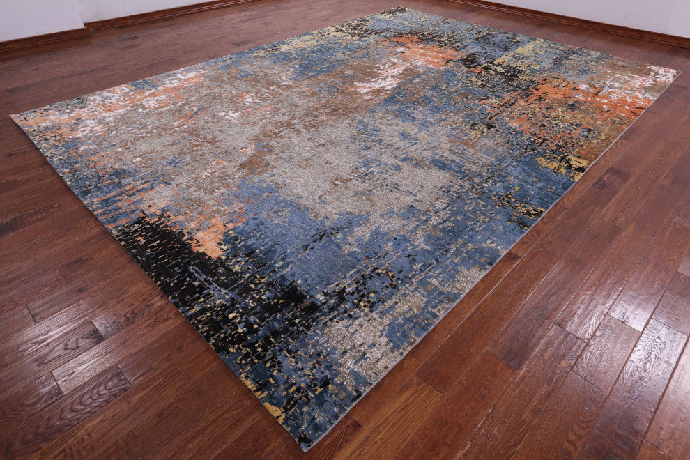 10' 2" X 14' 2" Wool and Silk Abstract Handmade Rug Q8863