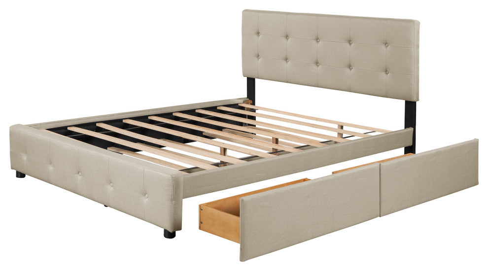Queen Wood Frame Platform Bed with Drawers and Twin XL Trundle, Beige, Queen