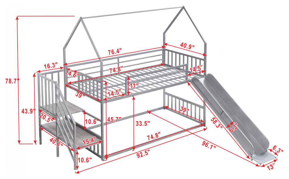 Gewnee Twin over Twin Metal Bunk Bed House Bed with Slide and Staircase
