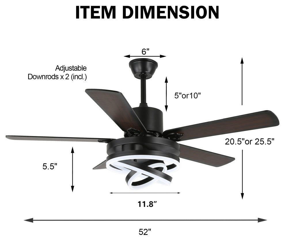 52" Modern Ceiling Fan with Dimmable Light and Remote Control, 6-Speed, Black, 52