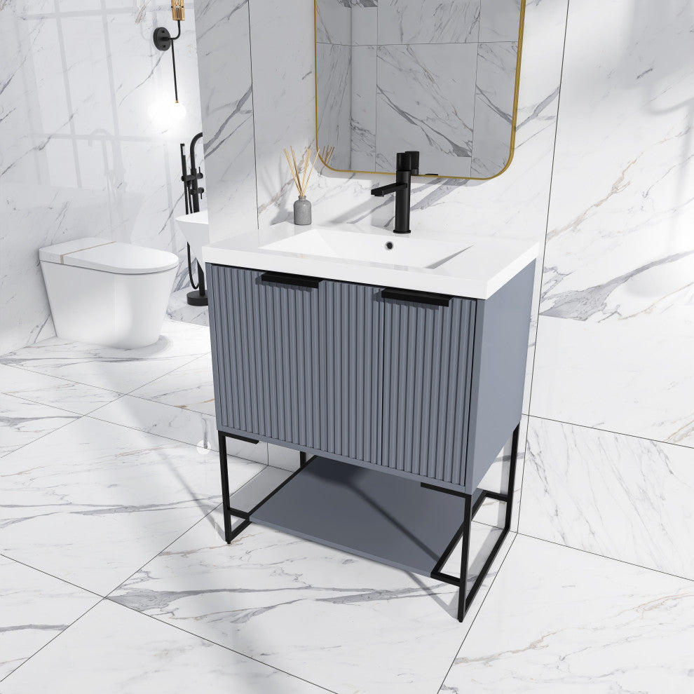 Plywood Freestanding Bathroom Vanity Set with White Ceramic Sink , Rock Grey, 30